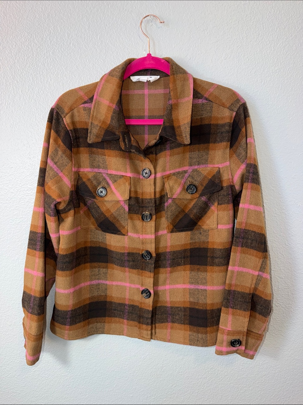 Women's Brown Plaid Button-Up Shacket  with Pink Accents